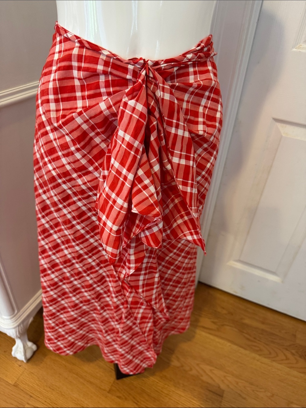 Red Plaid Tie-Waist Maxi Skirt NEW WIDTH TAGS